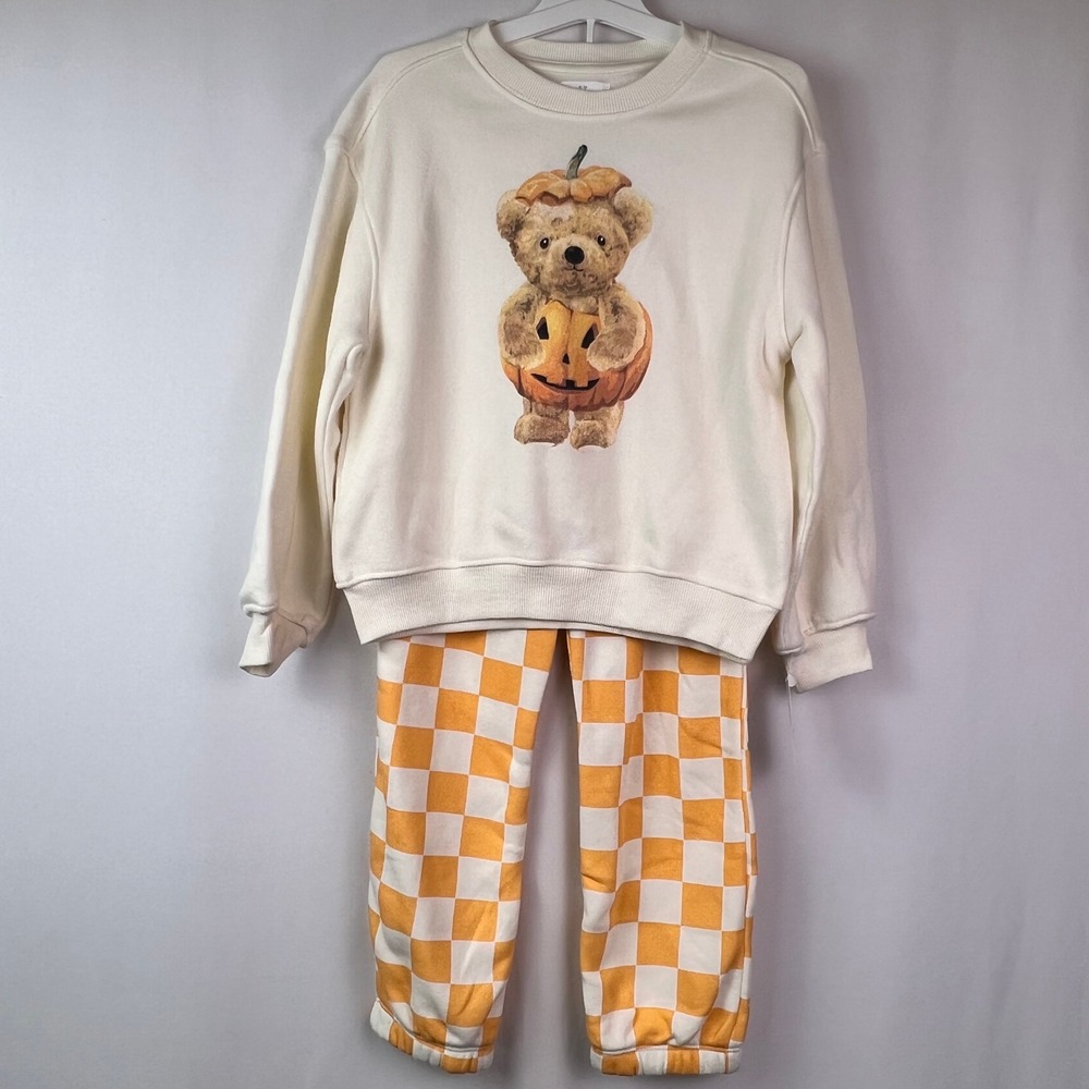 Kids Pumpkin Teddy Bear Fleece Sweatshirt and Checkered Jogger Set 5T Off-White